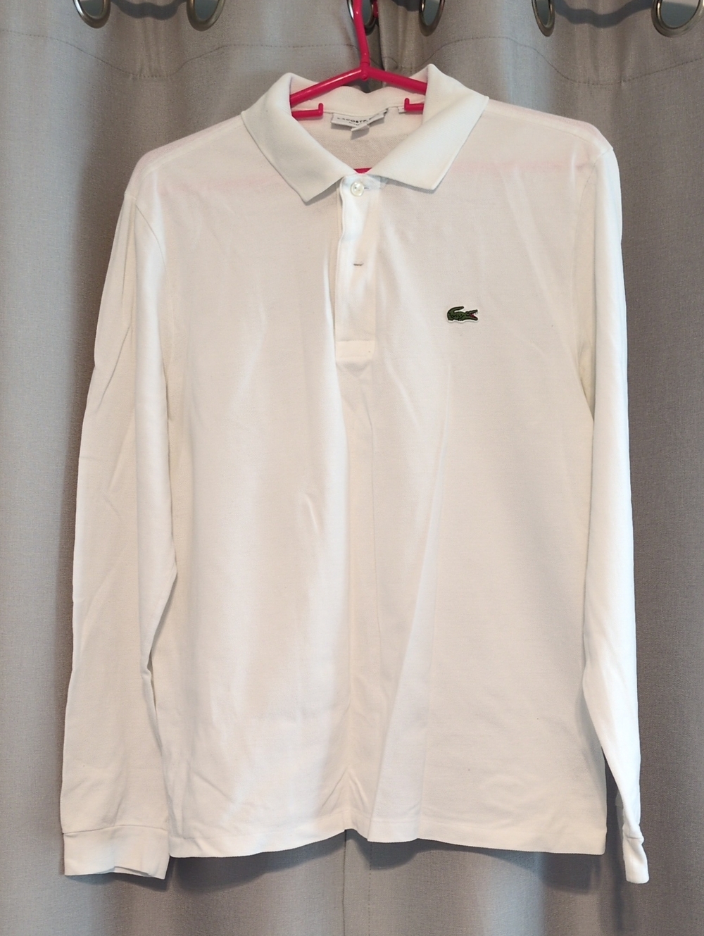 Lacoste Men's Long Sleeve Polo in White with Green Croc Logo